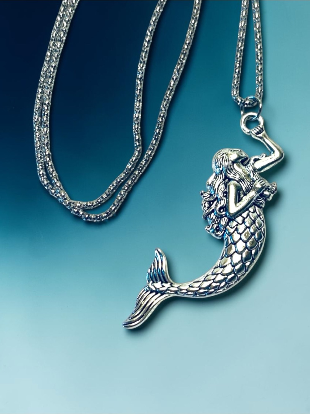 Sterling Silver-Tone Mermaid Pendant Necklace - Silver. Handmade - Picture 3 of 9